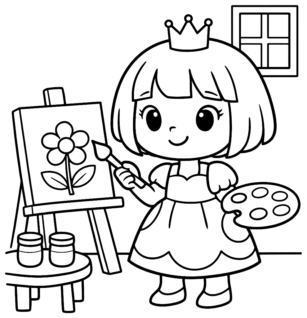그림 그리는 단발머리 공주 색칠 도안 미리보기